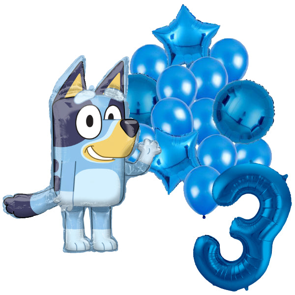 Bluey feestballonnen set voor 3e verjaardag – blauwe folieballonnen met cijfer 3, sterballonnen en Bluey figuurballon voor kinderfeestje