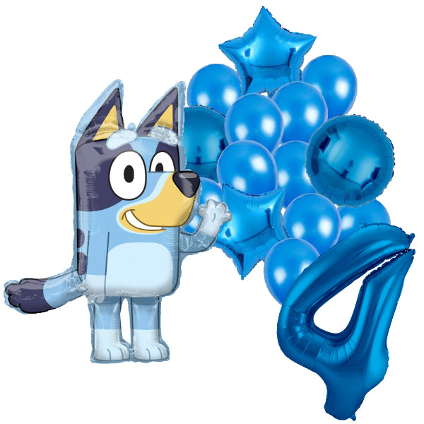 Bluey feestballonnen set voor 4e verjaardag – blauwe folieballonnen met cijfer 4, sterballonnen en Bluey figuurballon voor kinderfeestje