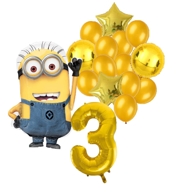 Minions ballon set voor 3 jaar - Complete feestdecoratie voor kinderfeest en verjaardag