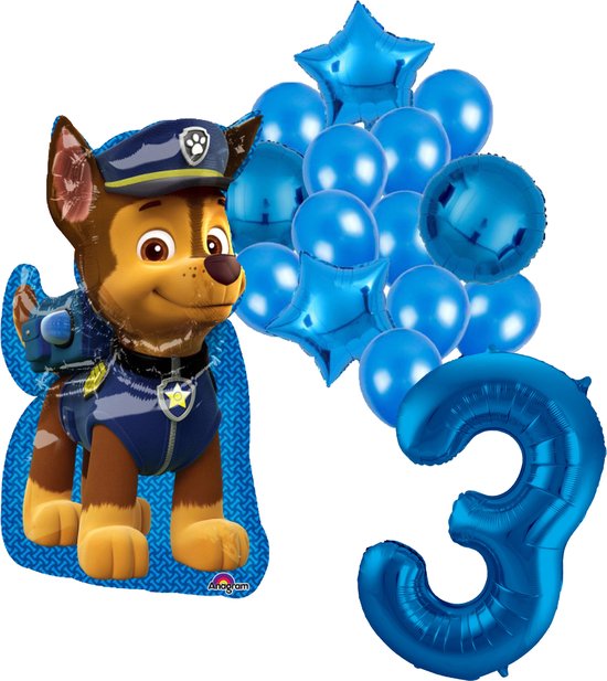 PAW Patrol Chase feestballonnen set voor 3e verjaardag – blauwe folieballonnen met cijfer 3, sterballonnen en Chase figuurballon voor kinderfeestje