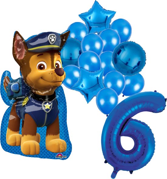 PAW Patrol Chase feestballonnen set voor 6e verjaardag – blauwe folieballonnen met cijfer 6, sterballonnen en Chase figuurballon voor kinderfeestje