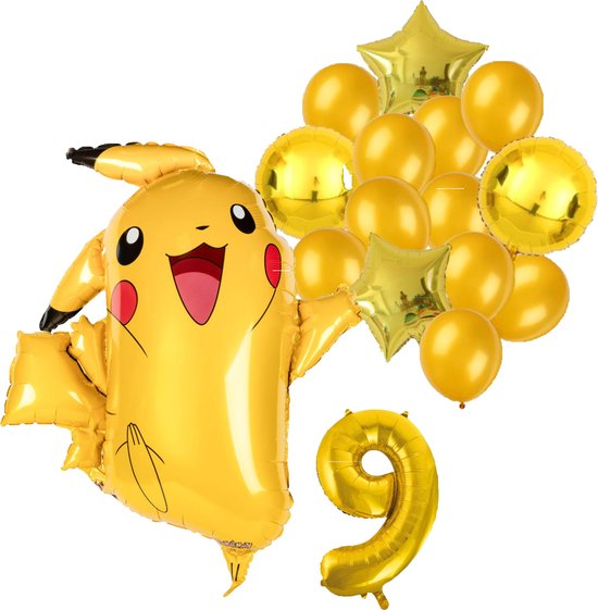 Pokémon Pikachu feestballonnen set voor 9e verjaardag – goud folieballonnen met cijfer 9, sterballonnen en Pikachu figuurballon voor kinderfeestje