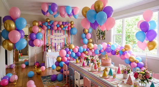 Kleurrijke complete ballonnen set voor kinderfeest met roze, blauwe en gouden ballonnen in feestelijke decoratie met slingers en tafelversiering