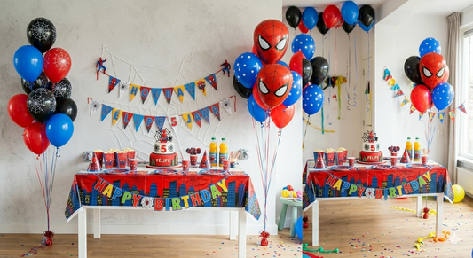 Spidey ballonnen en superhelden decoratie voor kinderfeest met rode en blauwe ballonnen in Spider-Man thema en feesttafel