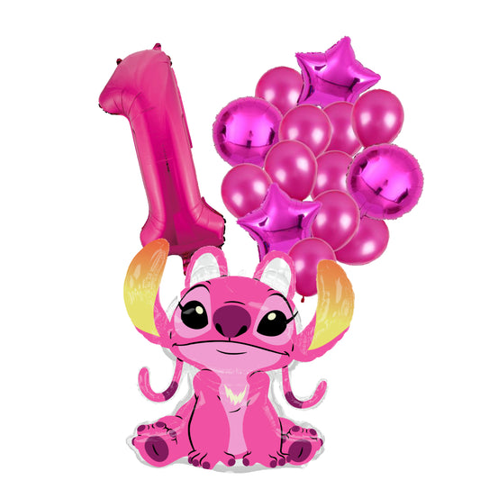 Angel Ballon Set Stitch 1 jaar - Folie Ballon + Ster Ballonnen Roze Feestversiering