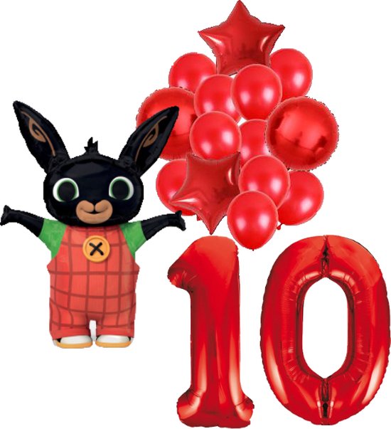 Bing feestballonnen set voor 10e verjaardag – rood folieballonnen met cijfer 10, sterballonnen en Bing figuurballon voor kinderfeestje