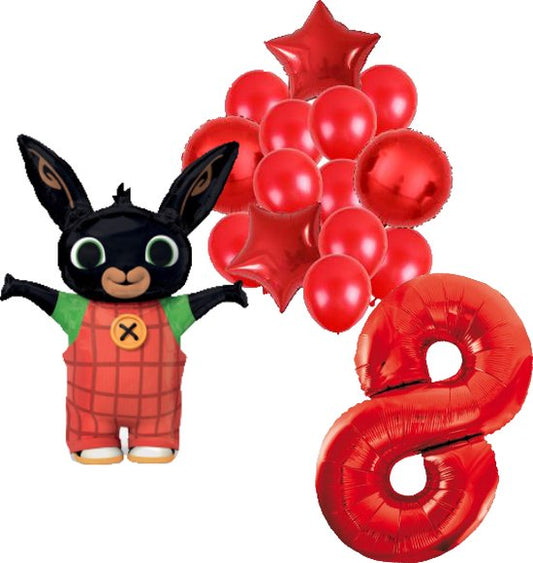 Bing feestballonnen set voor 8e verjaardag – rood folieballonnen met cijfer 8, sterballonnen en Bing figuurballon voor kinderfeestje