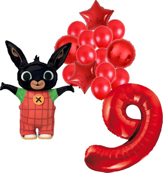 Bing feestballonnen set voor 9e verjaardag – rood folieballonnen met cijfer 9, sterballonnen en Bing figuurballon voor kinderfeestje