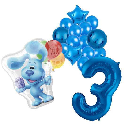 Blue's Clues feestballonnen set voor 3e verjaardag – blauwe folieballonnen met cijfer 3, sterballonnen en Bluey figuurballon voor kinderfeestje