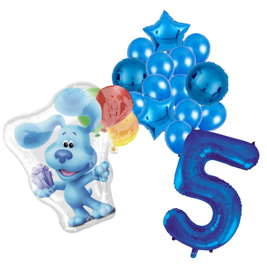 Blue's Clues feestballonnen set voor 5e verjaardag – blauwe folieballonnen met cijfer 5, sterballonnen en Bluey figuurballon voor kinderfeestje
