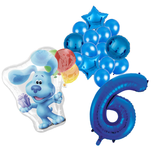 Blue's Clues feestballonnen set voor 6e verjaardag – blauwe folieballonnen met cijfer 6, sterballonnen en Bluey figuurballon voor kinderfeestje
