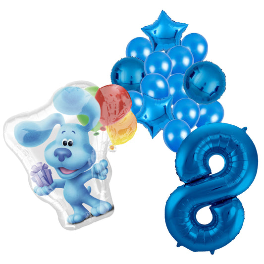 Blue's Clues feestballonnen set voor 8e verjaardag – blauwe folieballonnen met cijfer 8, sterballonnen en Bluey figuurballon voor kinderfeestje