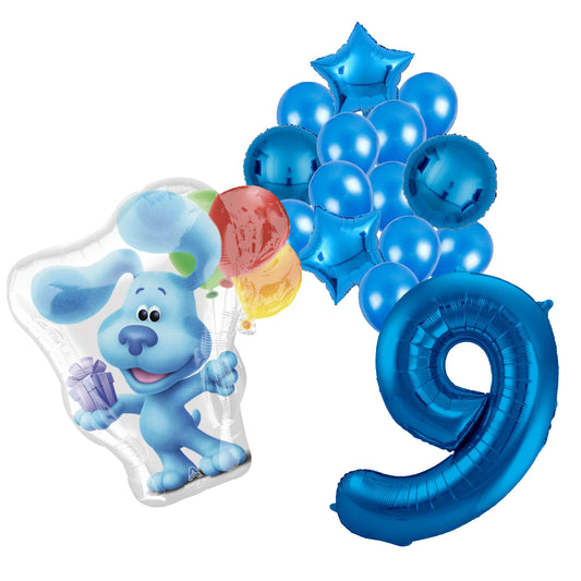Blue's Clues feestballonnen set voor 9e verjaardag – blauwe folieballonnen met cijfer 9, sterballonnen en Bluey figuurballon voor kinderfeestje