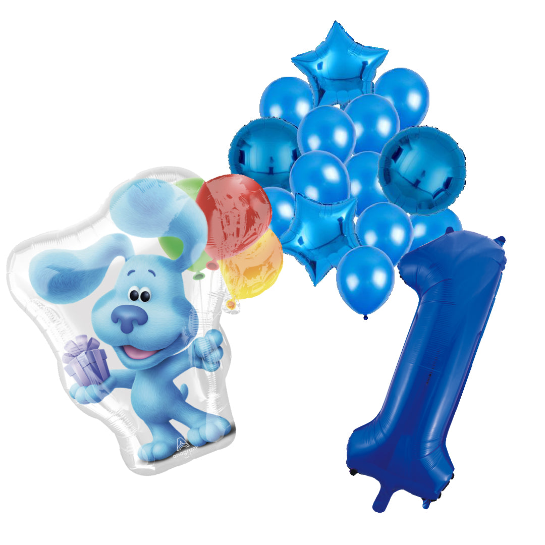 Blue's Clues feestballonnen set voor 1e verjaardag – blauwe folieballonnen met cijfer 1, sterballonnen en Bluey figuurballon voor kinderfeestje