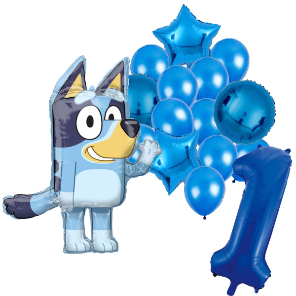 Bluey feestballonnen set voor 1e verjaardag – blauwe folieballonnen met cijfer 1, sterballonnen en Bluey figuurballon voor kinderfeestje