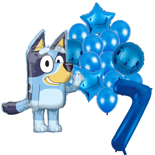 Bluey feestballonnen set voor 7e verjaardag – blauwe folieballonnen met cijfer 7, sterballonnen en Bluey figuurballon voor kinderfeestje