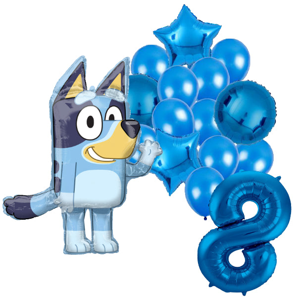 Bluey feestballonnen set voor 8e verjaardag – blauwe folieballonnen met cijfer 8, sterballonnen en Bluey figuurballon voor kinderfeestje