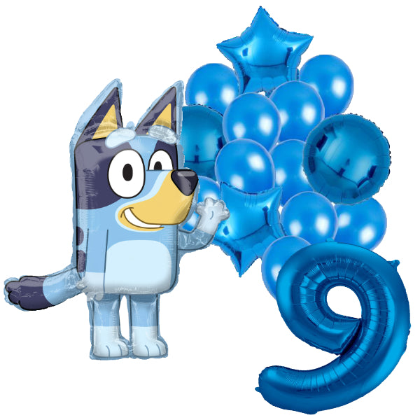 Bluey feestballonnen set voor 9e verjaardag – blauwe folieballonnen met cijfer 9, sterballonnen en Bluey figuurballon voor kinderfeestje