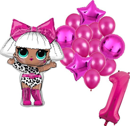 LOL feestballonnen set voor 1e verjaardag – roze folieballonnen met cijfer 1, sterballonnen en LOL figuurballon voor kinderfeestje
