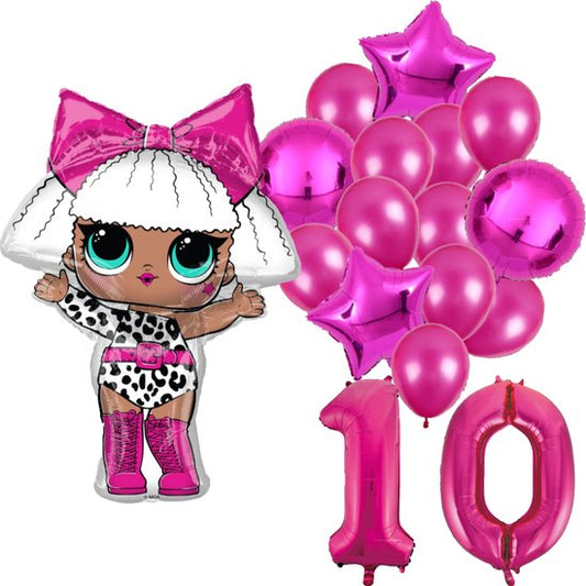 LOL feestballonnen set voor 10e verjaardag – roze folieballonnen met cijfer 10, sterballonnen en LOL figuurballon voor kinderfeestje