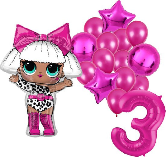 LOL feestballonnen set voor 3e verjaardag – roze folieballonnen met cijfer 3, sterballonnen en LOL figuurballon voor kinderfeestje