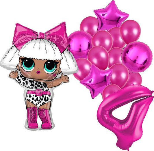 LOL feestballonnen set voor 4e verjaardag – roze folieballonnen met cijfer 4, sterballonnen en LOL figuurballon voor kinderfeestje