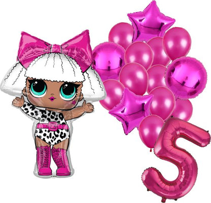 LOL feestballonnen set voor 5e verjaardag – roze folieballonnen met cijfer 5, sterballonnen en LOL figuurballon voor kinderfeestje