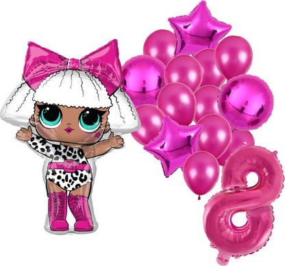 LOL feestballonnen set voor 8e verjaardag – roze folieballonnen met cijfer 8, sterballonnen en LOL figuurballon voor kinderfeestje