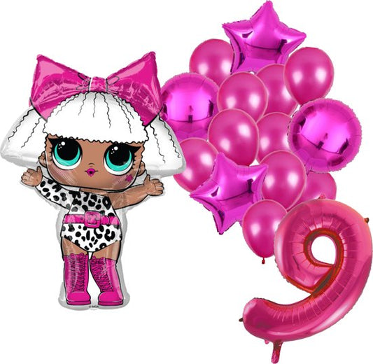 LOL feestballonnen set voor 9e verjaardag – roze folieballonnen met cijfer 9, sterballonnen en LOL figuurballon voor kinderfeestje