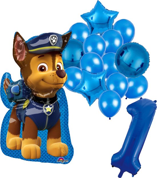 PAW Patrol Chase feestballonnen set voor 1e verjaardag – blauwe folieballonnen met cijfer 1, sterballonnen en Chase figuurballon voor kinderfeestje