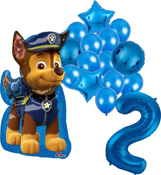 PAW Patrol Chase feestballonnen set voor 2e verjaardag – blauwe folieballonnen met cijfer 2, sterballonnen en Chase figuurballon voor kinderfeestje