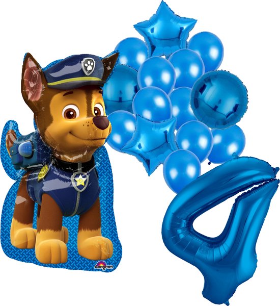 PAW Patrol Chase feestballonnen set voor 4e verjaardag – blauwe folieballonnen met cijfer 4, sterballonnen en Chase figuurballon voor kinderfeestje