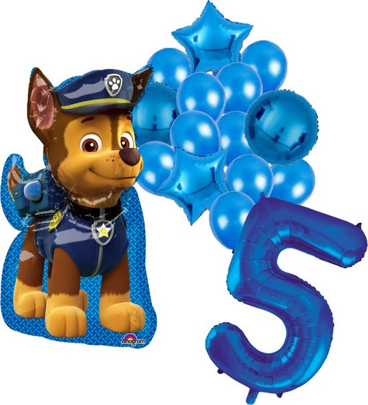 PAW Patrol Chase feestballonnen set voor 5e verjaardag – blauwe folieballonnen met cijfer 5, sterballonnen en Chase figuurballon voor kinderfeestje