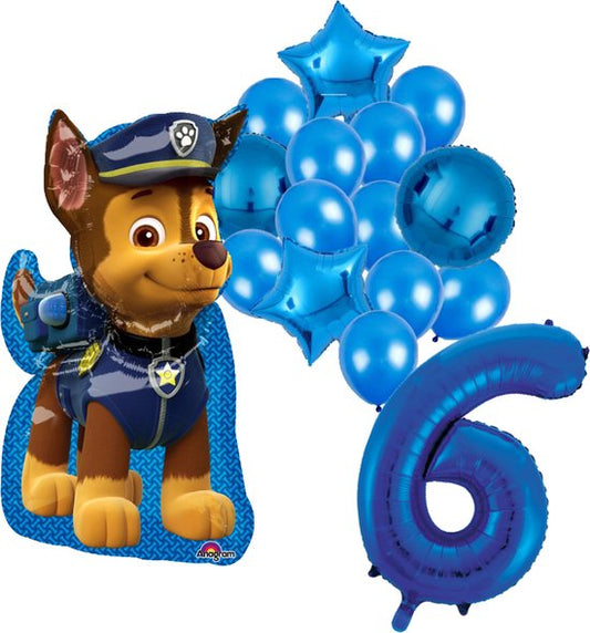 PAW Patrol Chase feestballonnen set voor 6e verjaardag – blauwe folieballonnen met cijfer 6, sterballonnen en Chase figuurballon voor kinderfeestje