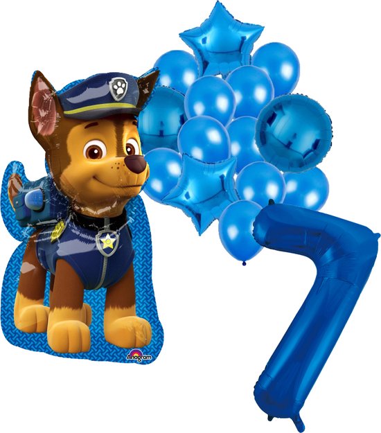 PAW Patrol Chase feestballonnen set voor 7e verjaardag – blauwe folieballonnen met cijfer 7, sterballonnen en Chase figuurballon voor kinderfeestje