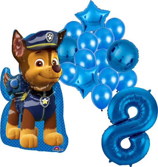 PAW Patrol Chase feestballonnen set voor 8e verjaardag – blauwe folieballonnen met cijfer 8, sterballonnen en Chase figuurballon voor kinderfeestje
