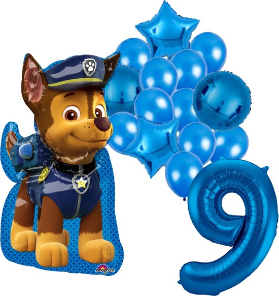 PAW Patrol Chase feestballonnen set voor 1e verjaardag – blauwe folieballonnen met cijfer 1, sterballonnen en Chase figuurballon voor kinderfeestje