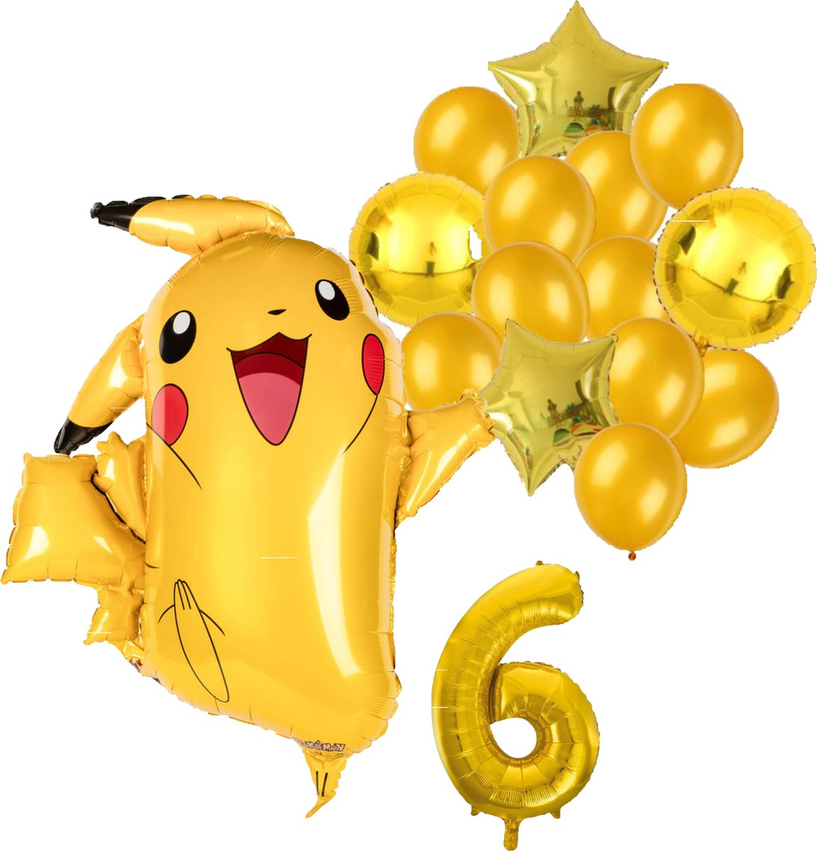 Pokémon Pikachu feestballonnen set voor 6e verjaardag – goud folieballonnen met cijfer 6, sterballonnen en Pikachu figuurballon voor kinderfeestje