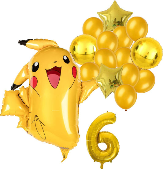Pokémon Pikachu feestballonnen set voor 6e verjaardag – goud folieballonnen met cijfer 6, sterballonnen en Pikachu figuurballon voor kinderfeestje