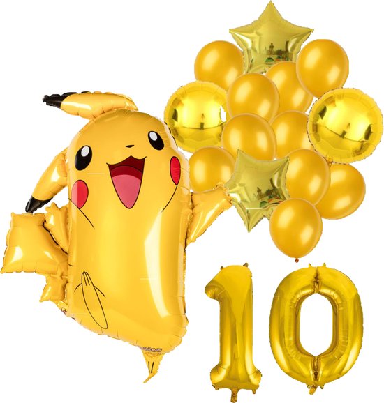 Pokémon Pikachu feestballonnen set voor 10e verjaardag – goud folieballonnen met cijfer 10, sterballonnen en Pikachu figuurballon voor kinderfeestje
