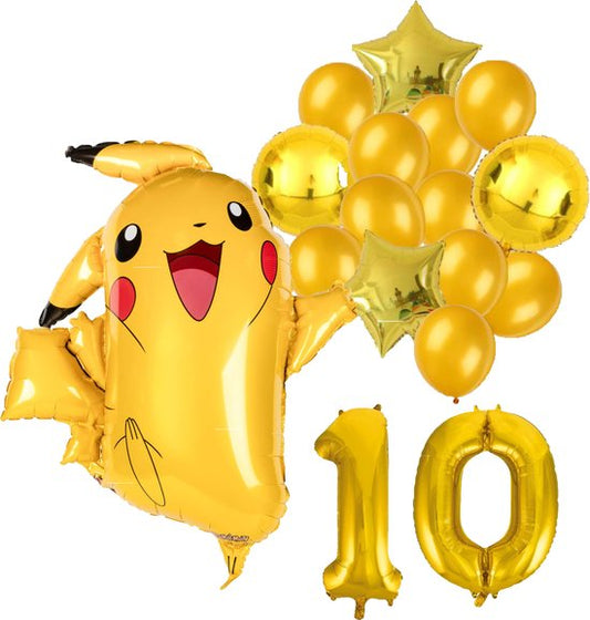 Pokémon Pikachu feestballonnen set voor 10e verjaardag – goud folieballonnen met cijfer 10, sterballonnen en Pikachu figuurballon voor kinderfeestje