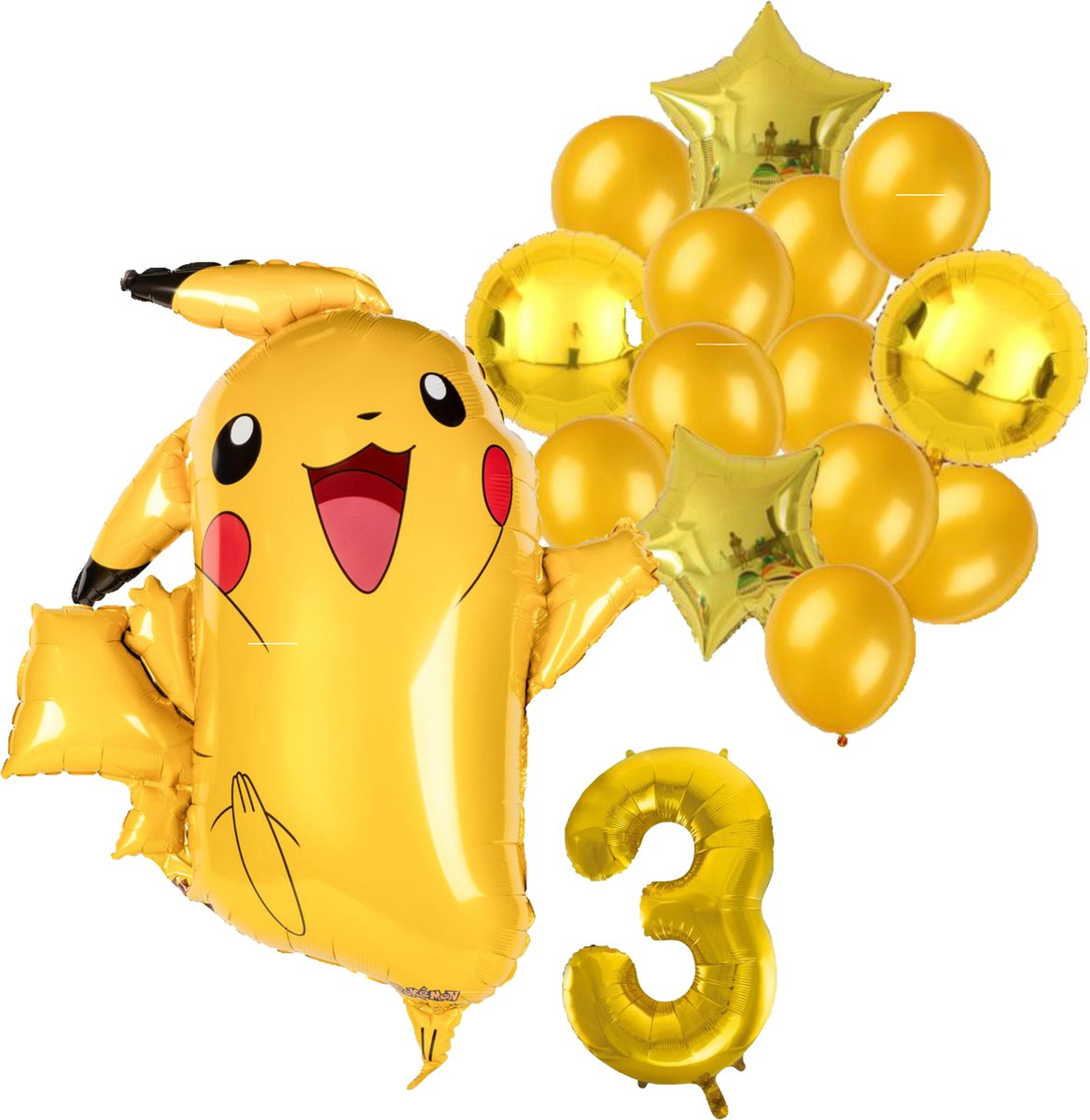 Pokémon Pikachu feestballonnen set voor 3e verjaardag – goud folieballonnen met cijfer 3, sterballonnen en Pikachu figuurballon voor kinderfeestje
