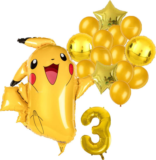 Pokémon Pikachu feestballonnen set voor 3e verjaardag – goud folieballonnen met cijfer 3, sterballonnen en Pikachu figuurballon voor kinderfeestje
