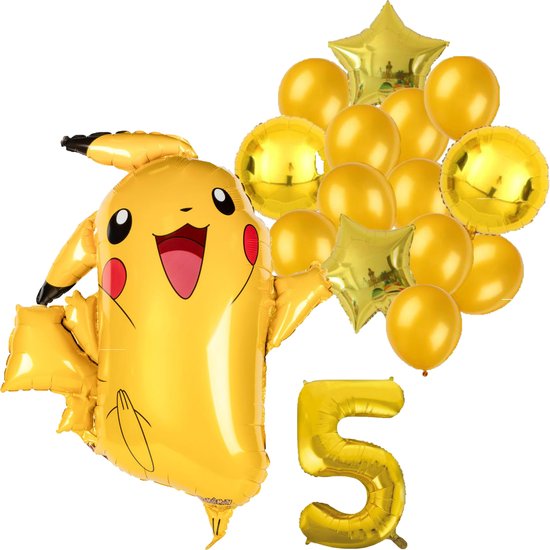 Pokémon Pikachu feestballonnen set voor 5e verjaardag – goud folieballonnen met cijfer 5, sterballonnen en Pikachu figuurballon voor kinderfeestje