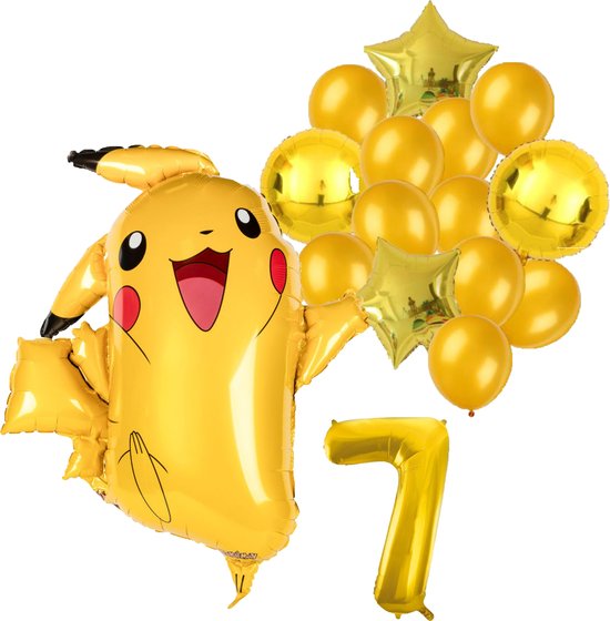 Pokémon Pikachu feestballonnen set voor 7e verjaardag – goud folieballonnen met cijfer 7, sterballonnen en Pikachu figuurballon voor kinderfeestje