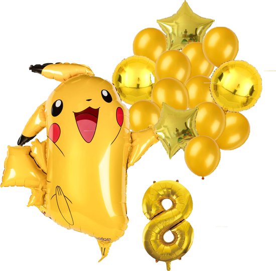 Pokémon Pikachu feestballonnen set voor 8e verjaardag – goud folieballonnen met cijfer 8, sterballonnen en Pikachu figuurballon voor kinderfeestje