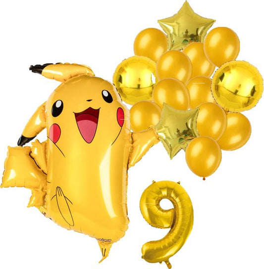 Pokémon Pikachu feestballonnen set voor 9e verjaardag – goud folieballonnen met cijfer 9, sterballonnen en Pikachu figuurballon voor kinderfeestje
